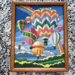 Vintage Needlepoint Hot Air Balloons Rainbow Framed Finished Grannycore USA